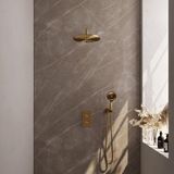 Brauer Gold Edition Thermostatische Regendoucheset Inbouw - Hoofddouche 30 cm - Gebogen Wandarm - 3 Weg - Handdouche 3 Standen - Doucheslang - Wandaansluitbocht - Geborsteld Goud