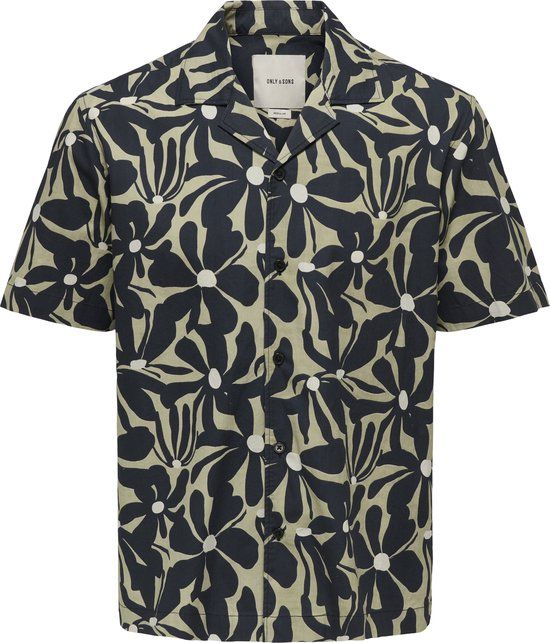 ONLY&SONS ONSWHITE RESORT REG SS SHIRT Heren Overhemden Korte Mouw Katoen Regular Fit Zebraprint Jet Black M