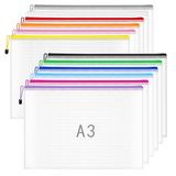 A3-portemonnee met ritssluiting, plastic portemonnee, A3-documentenmap, ritszakken, grote ritszak, gaasstoffen tas met ritssluiting voor school, kantoor, reizen, opslag - 12 kleuren