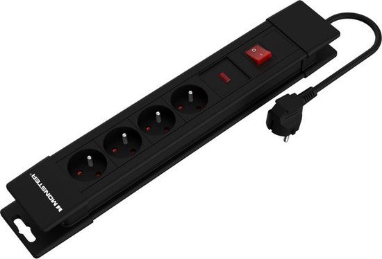 Monster 4 stopcontacten AC 608 Joule overspanningsbeveiliging verlengsnoer met overspanningsbeveiliging, Zwart