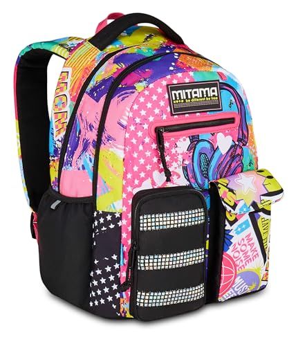 Mitama rugzak New Plus Music Sticker, roze, basisschoolrugzak, 30 l, super ruim, ergonomisch, robuust, voor meisjes, Roze, Eén maat, Casual