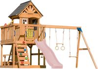 AXI Jack Speeltoestel met Dubbele Schommel en Trapeze Bruin – Pastel Roze Glijbaan – Zandbak, Picknicktafel, Speelkeuken en Klimwand – Telescoop en Stuur - FSC hout - Speelhuis op palen voor de tui