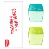 Maped - Set van 2 Shaker Potloodslijpers - 2 Gaten en Doorschijnende Tank - Blauw en Groen