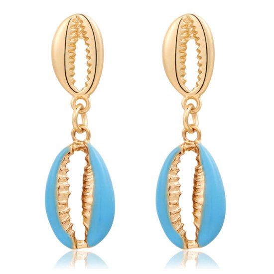 Deja Jewels Lookinggoodtoday Goudkleurige dames oorbellen hangers met dubbele blauwe schelpjes