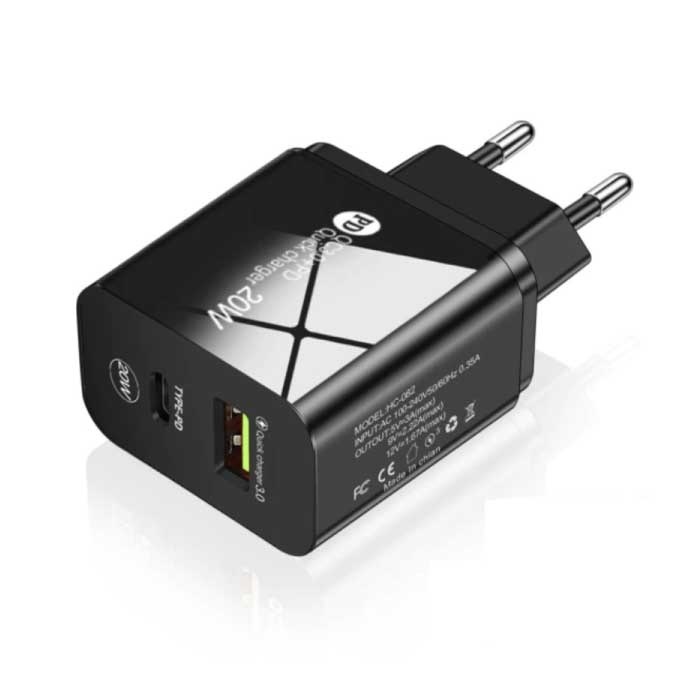 Maerknon Dual Port Stekkerlader - PD / Quick Charge 3 0 - 20W Power Delivery USB Fast Charge - Oplader Muur Wallcharger AC Thuislader Adapter Zwart