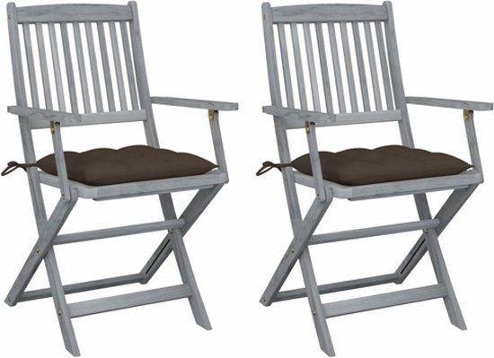vidaXL Set van 2 klapstoelen met kussens, massief acaciahout, taupe