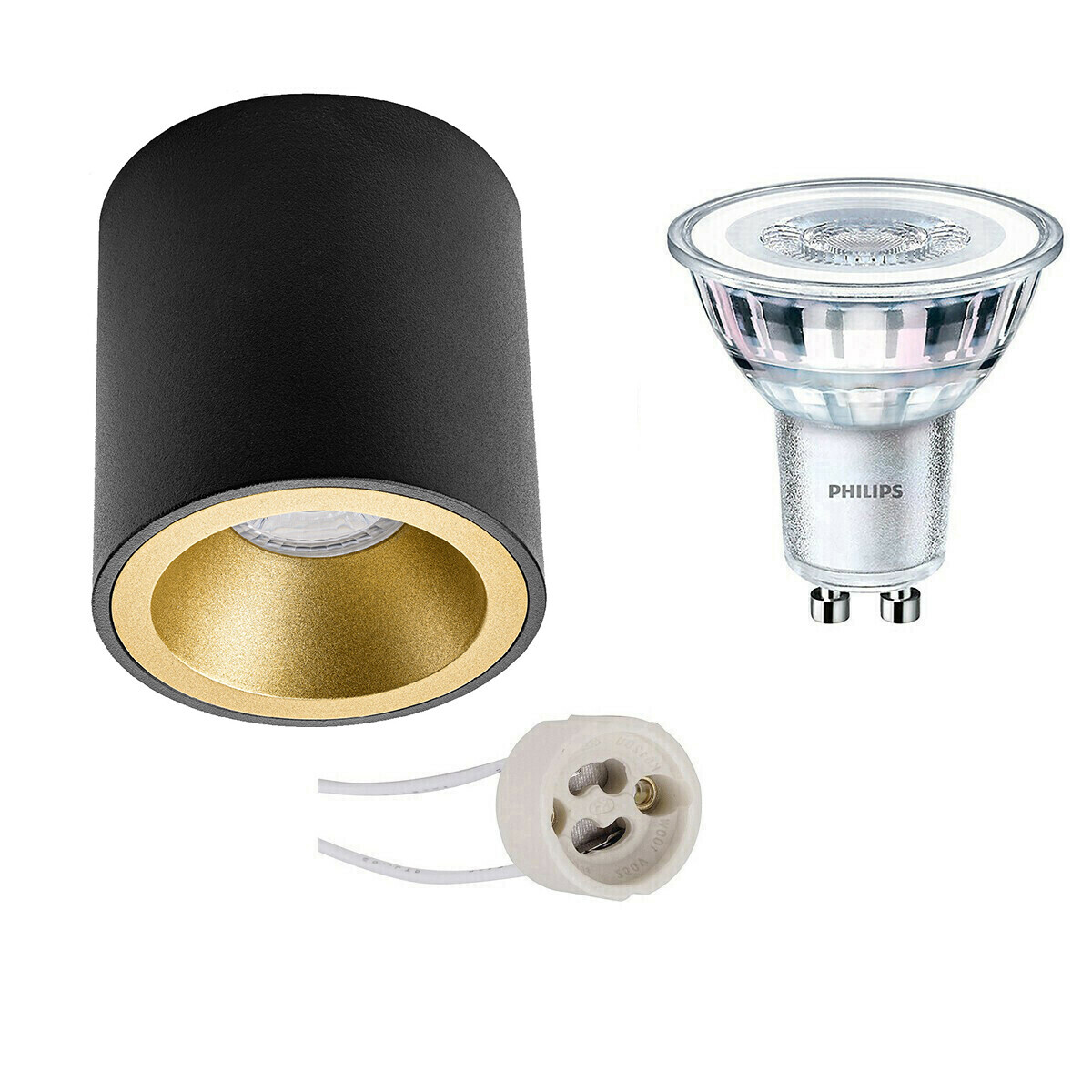 BES LED Opbouwspot Set - Pragmi Cliron Pro - GU10 Fitting - Opbouw Rond - Mat Zwart/Goud - Verdiept - Ø90mm - Philips - CorePro 827 36D - 4W - Warm Wit 2700K - Dimbaar