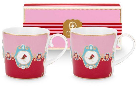 Pip Studio Set/2 Mugs Small Love Birds Medallion Red-Pink