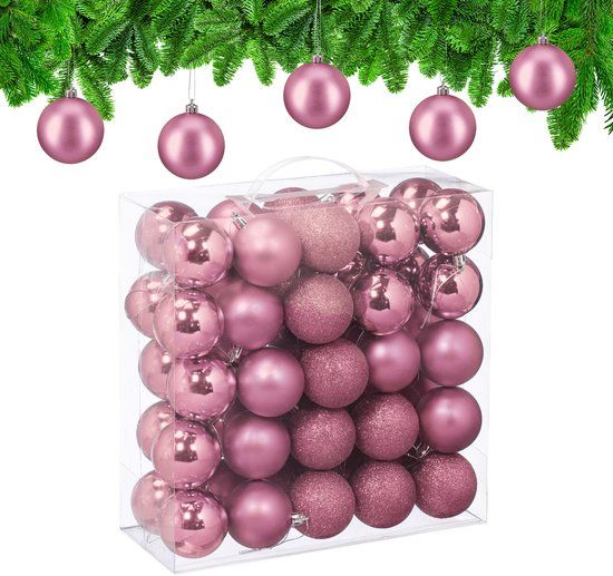 Relaxdays kerstballen set van 50 - Ø 6 cm - kunststof - onbreekbaar - roze