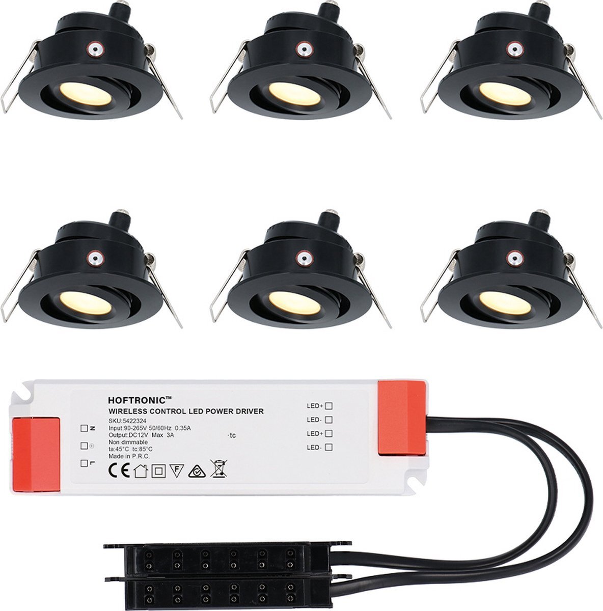 HOFTRONIC Set van 6 Sienna - LED Inbouwspot voor veranda, overkapping en badkamer - Zwart - 12 volt - Kantelbaar - 3 Watt 200 lumen - Zaagmaat: Ø 44 mm - extra plat 30mm - 2700K Warm wit - IP44 waterdicht