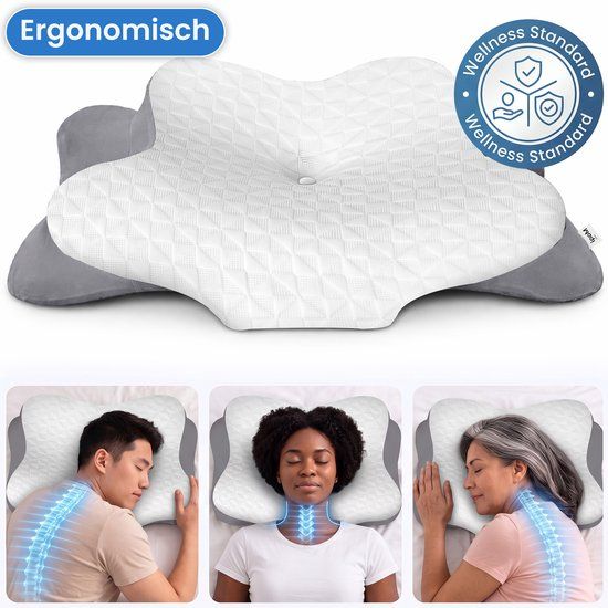 Maqi Living® Hoofdkussen Memory Foam voor Nekklachten – Orthopedisch & Ergonomisch kussen - Geschikt voor rug-, zij- en buikslapers - Traagschuim - Grijs/wit