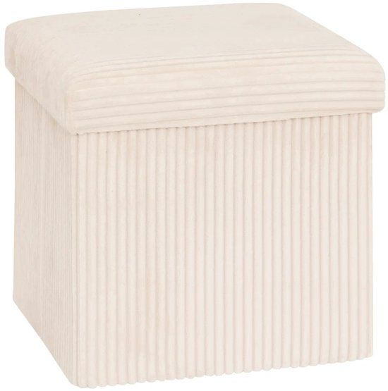 Atmosphera Hocker / Poef Essestial Ribcord - opvouwbaar - wit - MDF/polyester - 38 x 38 cm - met opbergruimte