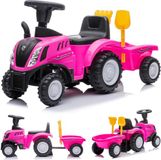 Sun Baby Loopauto Kinderschuifauto New Holland, tractor met aanhanger, kindervoertuig loopauto met claxon, kunststof (Roze)