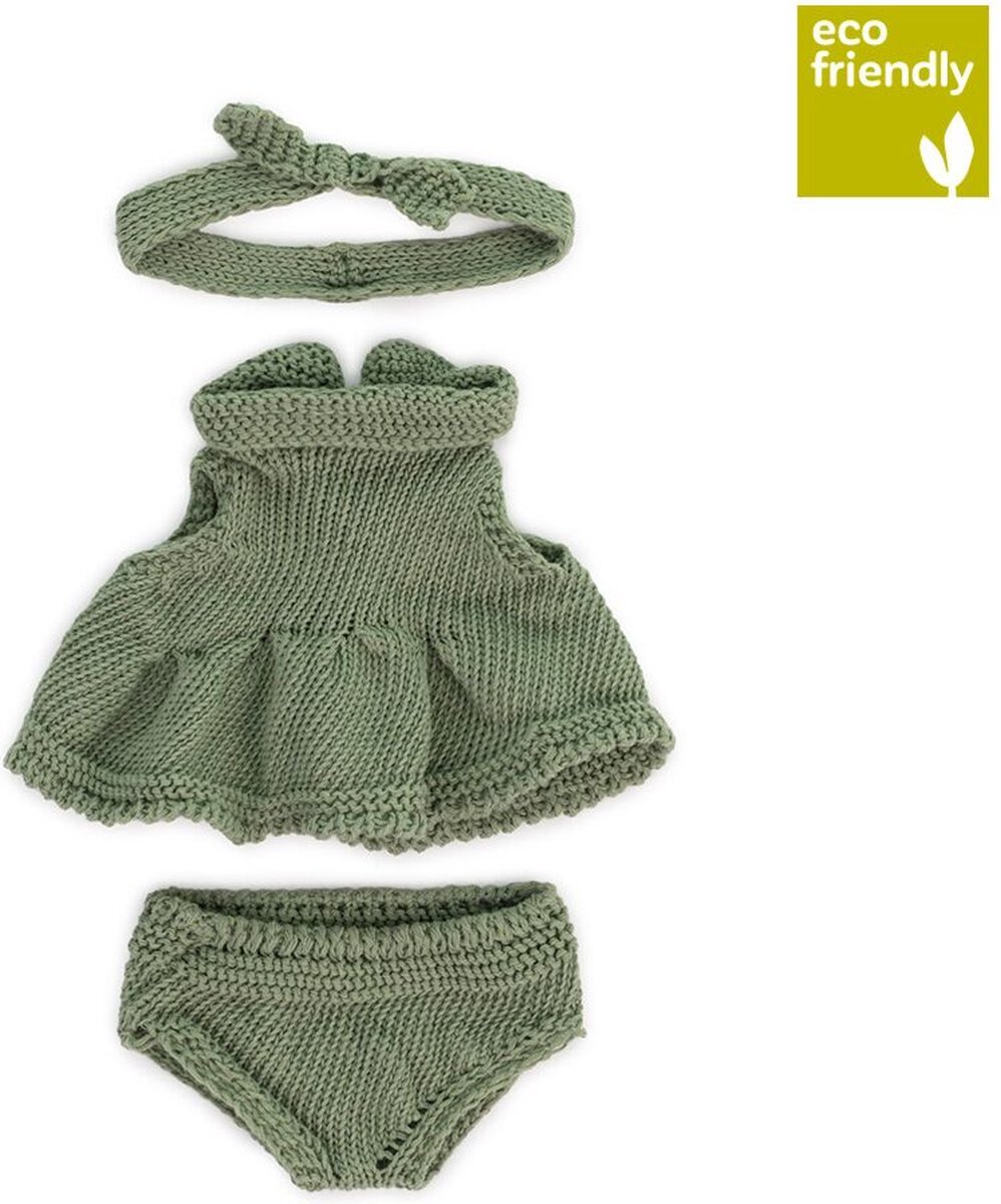 Miniland ML Poppen: KLEDIJ SET GEBREID groen voor meisje 21cm, eco en gerecycleerd, 3-delig, kleedje, broekje en haarlint, op kleerhanger, 3+