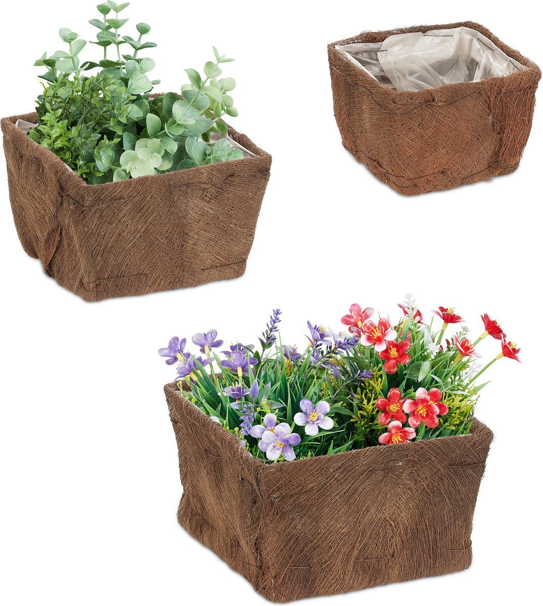 Relaxdays Bloempot Vierkant - Set van 3 - Plantenpot Naturel - Kleine Bloembak Kokosvezels