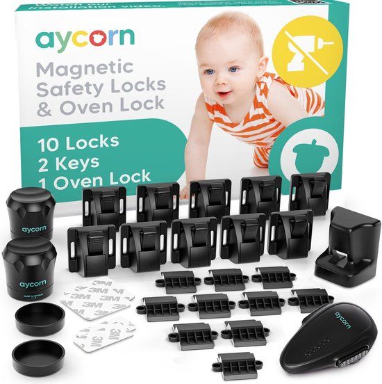 AYCORN Magnetisch Kinderslot – Kast en Oven – Magneet Beveiliging – 10 Sloten, 2 Sleutels, 1 Ovenslot - Zwart