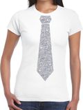 Bellatio Decorations Shoppartners Bv Carnaval verkleed t-shirt - met stropdas - wit - zilver glitters - dames - verkleedkleding - Eighties - Disco - VIP M