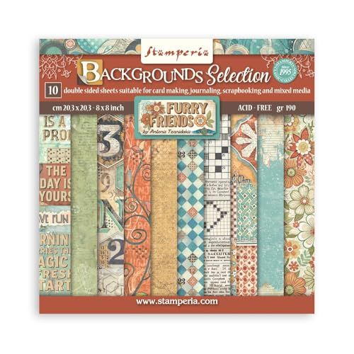 Stamperia - Scrapbook Paper Pad for Scrapbooking, Albums, Cards, Bullet Journals, and More, Acid Free, Double-Sided, Perfect for Crafts and Gifting (Furry Friends Background Selection) (20.3 x 20.3cm)