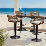 LVHOM Set de 4 fauteuils de bar en rotin avec pied en métal, fauteuils de bar avec dossier, meubles de jardin, meubles de balcon, hauteur réglable, pivotant à 360°, beige