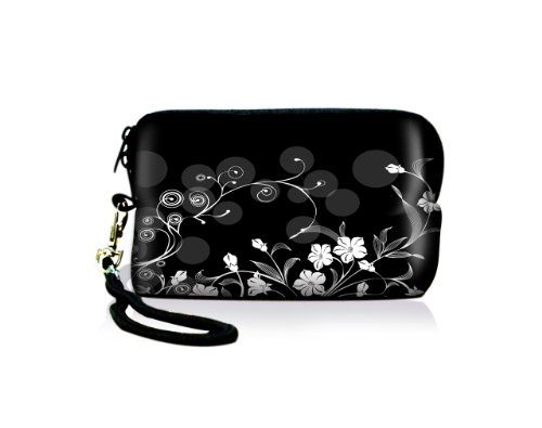 wortek Universele designer cameratas van neopreen voor compacte camera's - bloemen ranke zwart wit
