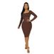 Feelingirl Robe gainante sans coutures, col carré, manches longues, XS/S, marron