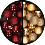 Merkloos / Sans marque Billiet - Vanlaere Kerstballen 34x st - 3 cm - donkerrood en goud - kunststof