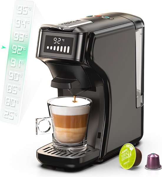 HiBREW H1B koffiezetapparaat met 6 in 1 pads, watertank van 600 ml, drukextractie van 19 bar, koud/warm-modus, LED-indicator, voor Kcup*/Nes*/DG*/espressopoeder, zwart - EU-stekker