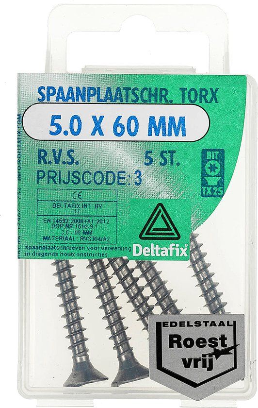 Deltafix Spaanplaatschroef Platkop / Torx R.V.S. A2 5.0 x 60 mm 5 st.