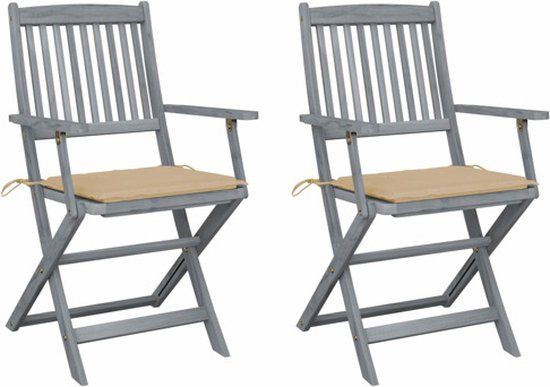 vidaXL Set van 2 klapstoelen met kussens, massief acaciahout, beige