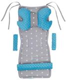 Medi Partners Zitkussen, kinderwagen, buggy, zomer, kinderzitje, inleg universeel, 5-delige gordelkussen + speelboog, kinderwagenset, babyzitje, sterren met turquoise minky