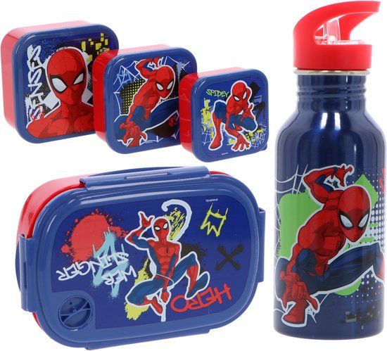4KidsOnly Spiderman Lunchset 5-delig - Drinkfles - Lunchbox - 3 Snackboxen