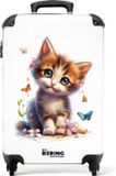 NoBoringSuitcases.com Kinderkoffer - Kindertrolley - Portret van een kitten omringd door vlinders - Handbagage koffer lichtgewicht - Reiskoffer trolley - Rolkoffer met wieltjes