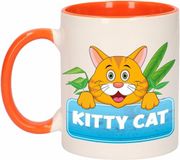 Bellatio Decorations Kitty Cat mok - oranje/wit - keramiek - 300 ml - kinder beker kat