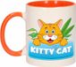 Bellatio Decorations Kitty Cat mok - oranje/wit - keramiek - 300 ml - kinder beker kat