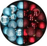 Merkloos / Sans marque Decoris kleine kerstballen - 28x st - donkerrood en ijsblauw - 3 cm - kunststof