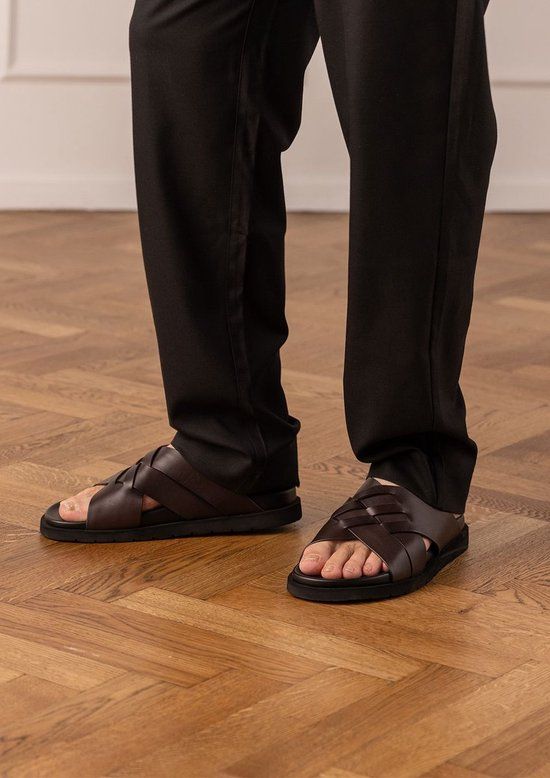 Manfield - Heren - Zwarte leren slippers - Maat 41
