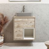 Hudson Reed Hoxton Meuble de lavabo suspendu 60cm Chêne clair avec étagère ouverte, LED et vasque grise à poser