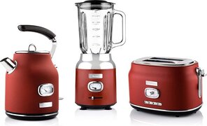 Westinghouse Retroline ontbijtset, rood, broodrooster, blender & waterkoker, 1,7 liter & kalkfilter, twee sleuven broodrooster met broodjesopzetstuk, blender met 3 snelheden