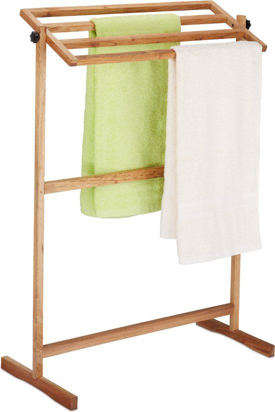 Relaxdays Handdoekenrek Badkamer - 4 Stangen - Hout - Vrijstaand - Lichtbruin