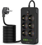 Tech-Protect Stekkerdoos met 6 Stopcontacten, 3 USB-A en 3 USB-C, Aan/Uit Schakelaar, 2m Snoer, Zwart