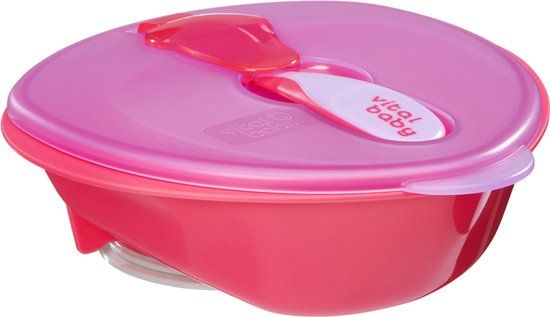 Vital baby - baby eetbakje - babykom - met deksel - met lepel - ook voor op reis - roze met paars - met zuignap - BPA vrij