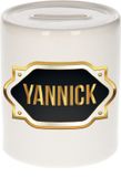 Bellatio Decorations Shoppartners Bv Spaarpot met voornaam Yannick - wit - met goud/zwart embleem - 8 x 9 cm - keramiek - met afsluitdop - cadeau verjaardag