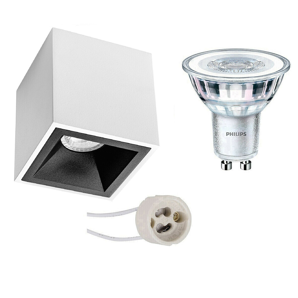 BES LED Opbouwspot Set - Pragmi Cliron Pro - GU10 Fitting - Opbouw Vierkant - Mat Wit/Zwart - Verdiept - 90mm - Philips - CorePro 830 36D - 3.5W - Warm Wit 3000K