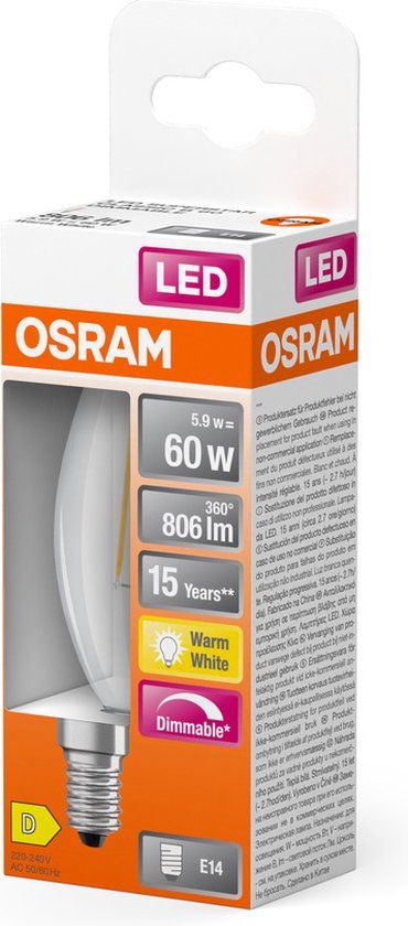 OSRAM LED E14 Lamp - Kaars B35 - Helder - Dimbaar - 2700K - 5.5W (60W)