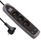 Energaline stekkerdoos met 3 stopcontacten en 2 USB-afdekking van silicone. 2 m grijs.
