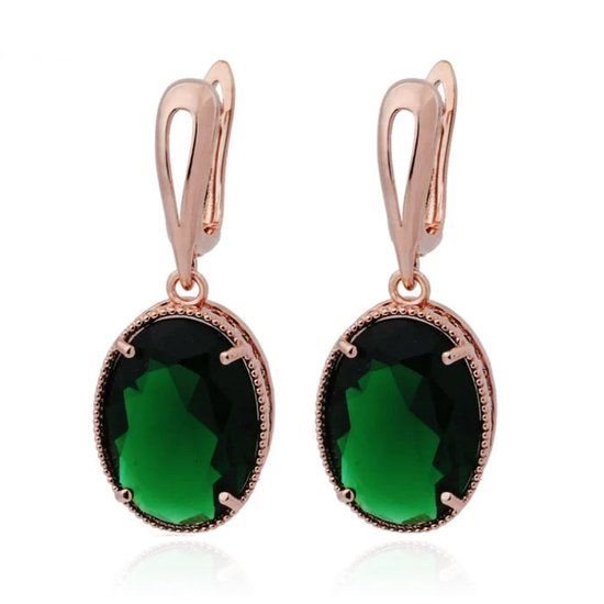 Deja Jewels Oorbellen met Ovale Glassteen Hangers - Dames, Rosegoudkleurige Afwerking, Groene Glassteen