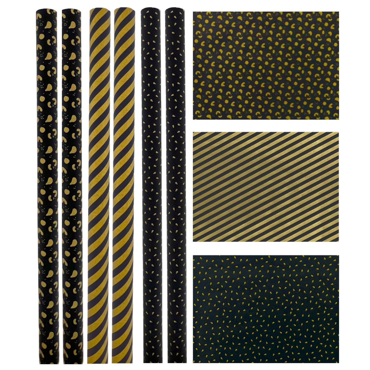 Benza Eco Kraft Extra Sterk Geschenkpapier Cadeaupapier - Zwart en Goud - 6 Rollen