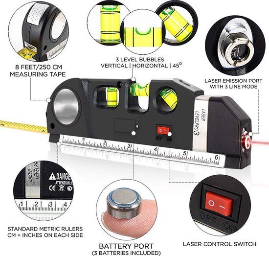 Merkloos / Sans marque Laserwaterpas - 250cm - Incl. batterijen - Zwart