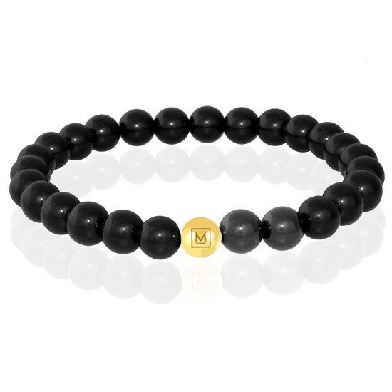 Memphis Kralen Armband Zwarte Onyx Agaat Edelstaal Kraal Goudkleurig-21cm