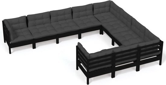 vidaXL 10-delige Loungeset met kussens grenenhout zwart